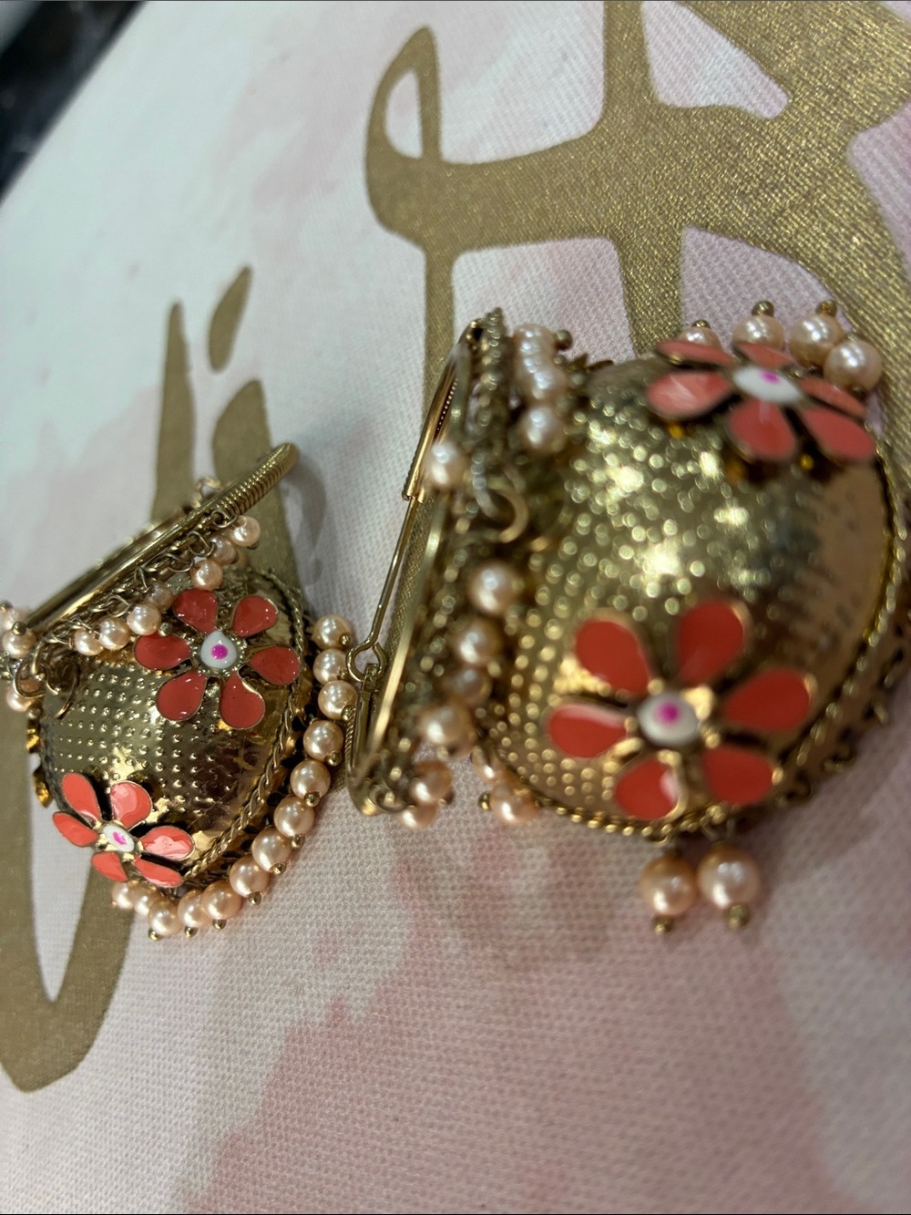 Gold-Tone Coral Floral Pearl Jhumka Earrings